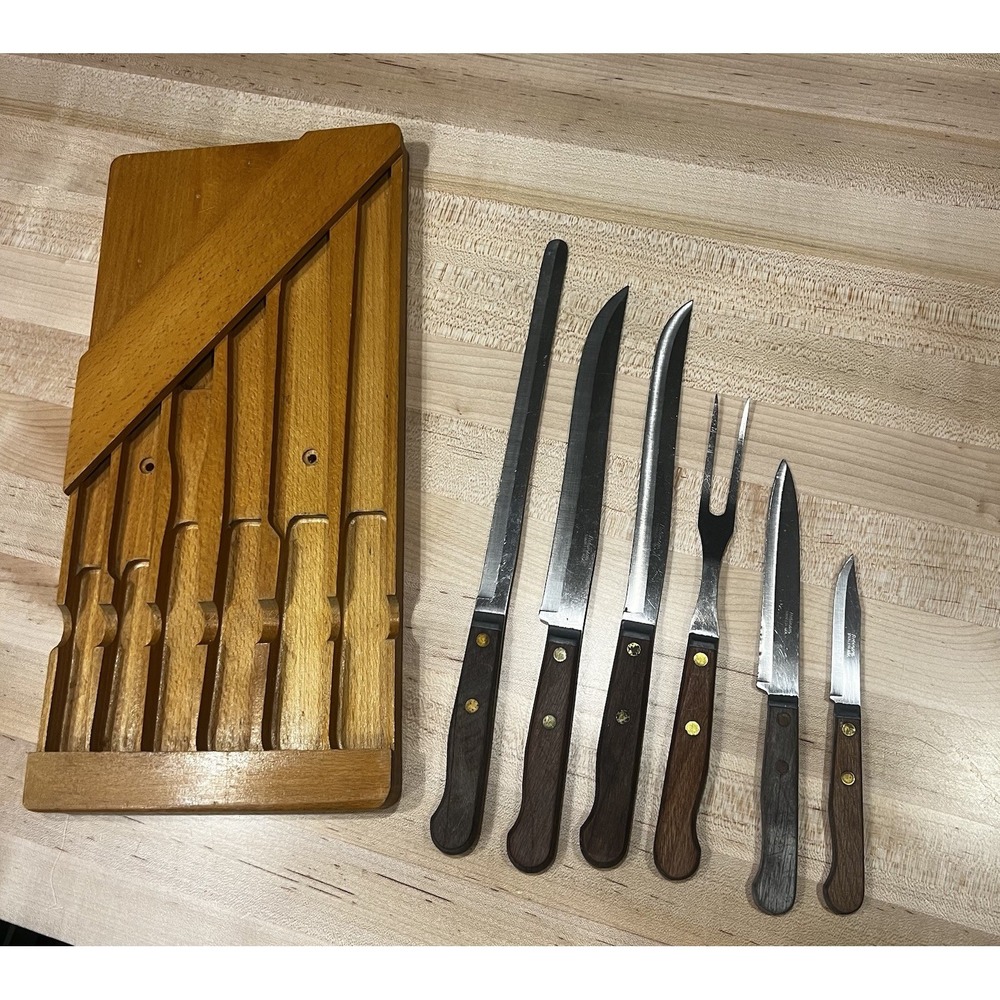 VTG Robinson Knife Co. 6 Piece Knife Fork Set In Wooden Handles Made In USA‎